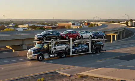 Car transporter with the Wauwatosa, Wisconsin, United States skyline behind it