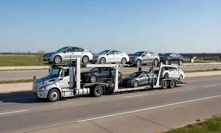 Multi-level car carrier on the highway to West Allis, Wisconsin, United States