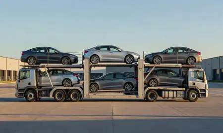 Car transporter parked in an industrial area of West Allis, Wisconsin, United States
