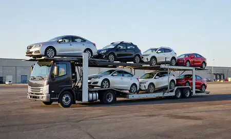 Car transporter loaded with vehicles in West Allis, Wisconsin, United States