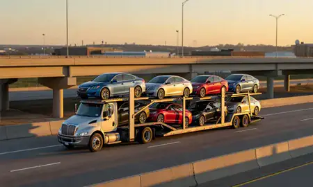 Car transporter with the West Allis, Wisconsin, United States skyline behind it