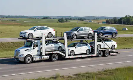 Multi-level car carrier on the highway to West Bend, Wisconsin, United States