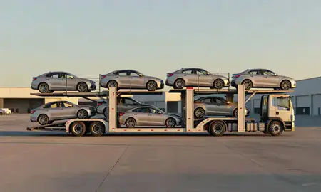 Car transporter parked in an industrial area of West Bend, Wisconsin, United States