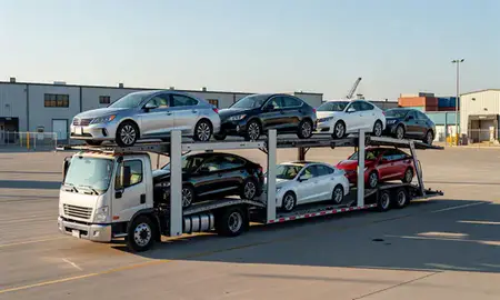 Car transporter loaded with vehicles in West Bend, Wisconsin, United States