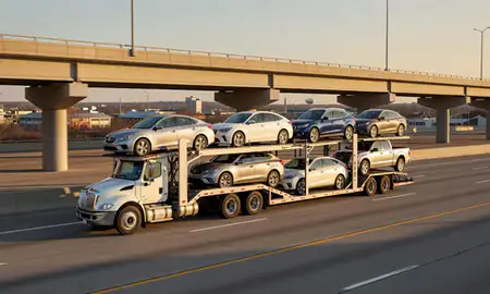 Car transporter with the West Bend, Wisconsin, United States skyline behind it