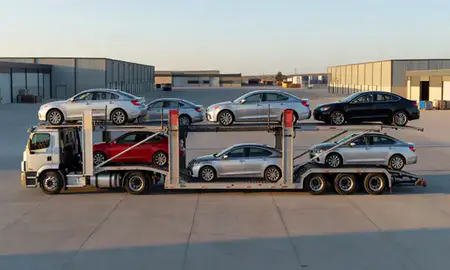 Car transporter parked in an industrial area of Wyoming, United States