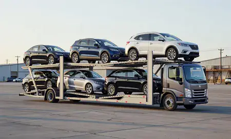 Car transporter loaded with vehicles in Wyoming, United States
