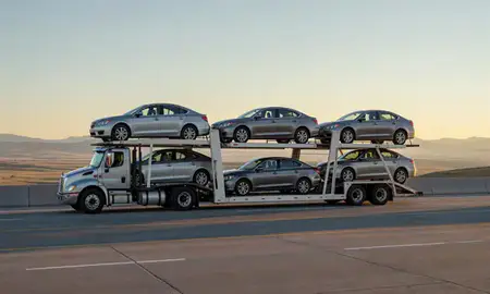 Car transporter with the Wyoming, United States skyline behind it