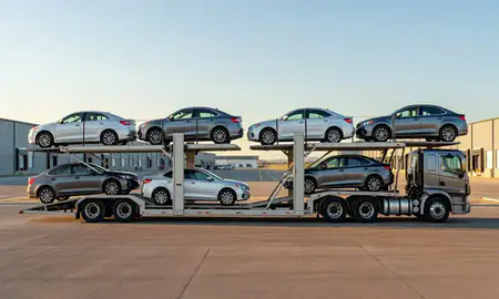 Car transporter parked in an industrial area of Bar Nunn, Wyoming, United States