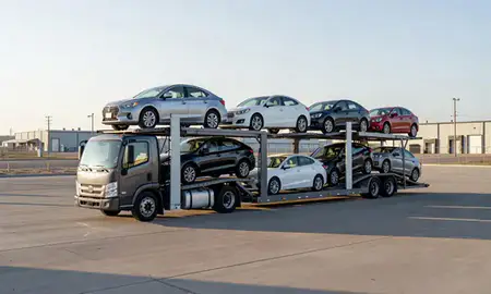 Car transporter loaded with vehicles in Bar Nunn, Wyoming, United States
