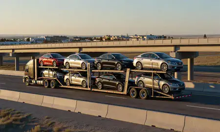 Car transporter with the Bar Nunn, Wyoming, United States skyline behind it