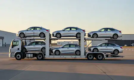 Car transporter parked in an industrial area of Buffalo, Wyoming, United States