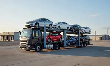 Car transporter loaded with vehicles in Buffalo, Wyoming, United States