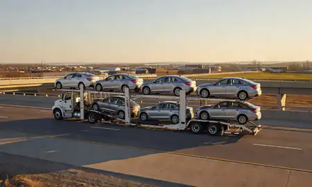 Car transporter with the Buffalo, Wyoming, United States skyline behind it