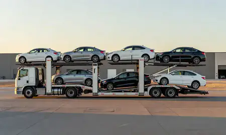 Car transporter parked in an industrial area of Casper, Wyoming, United States