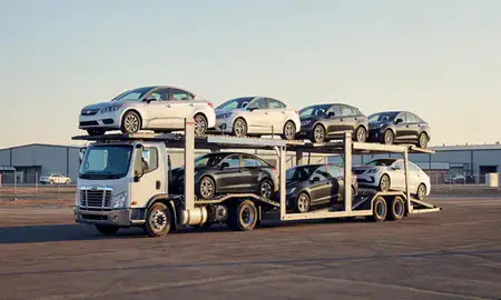 Car transporter loaded with vehicles in Casper, Wyoming, United States