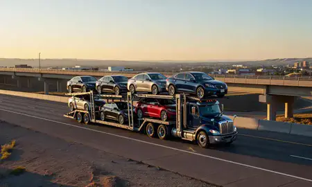 Car transporter with the Casper, Wyoming, United States skyline behind it