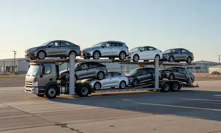Car transporter loaded with vehicles in Cheyenne, Wyoming, United States