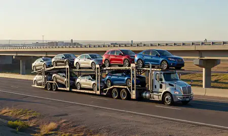 Car transporter with the Cheyenne, Wyoming, United States skyline behind it
