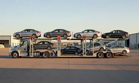 Car transporter parked in an industrial area of Cody, Wyoming, United States