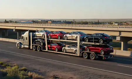 Car transporter with the Cody, Wyoming, United States skyline behind it