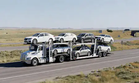 Multi-level car carrier on the highway to Douglas, Wyoming, United States