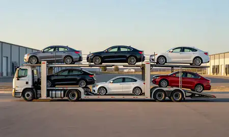 Car transporter parked in an industrial area of Douglas, Wyoming, United States