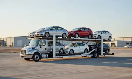 Car transporter loaded with vehicles in Douglas, Wyoming, United States