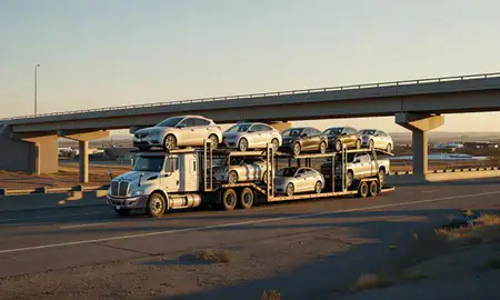 Car transporter with the Douglas, Wyoming, United States skyline behind it