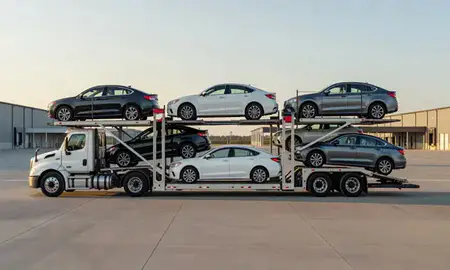 Car transporter parked in an industrial area of Evanston, Wyoming, United States