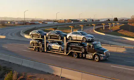 Car transporter with the Evanston, Wyoming, United States skyline behind it