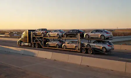 Car transporter with the Evansville, Wyoming, United States skyline behind it