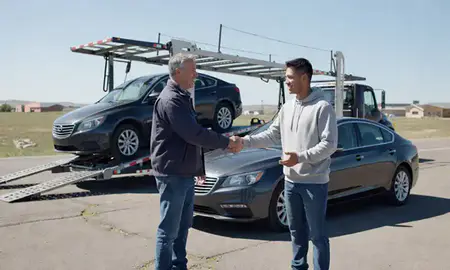 Vehicle owner beside their delivered car in Fox Farm-College, Wyoming, United States