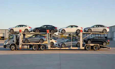 Car transporter parked in an industrial area of Fox Farm-College, Wyoming, United States