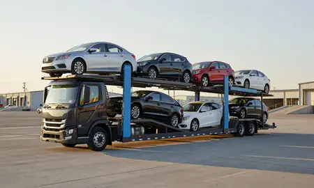 Car transporter loaded with vehicles in Fox Farm-College, Wyoming, United States