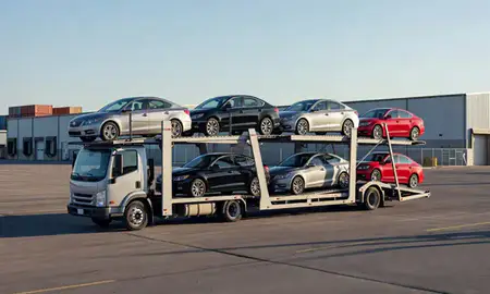 Car transporter loaded with vehicles in Gillette, Wyoming, United States