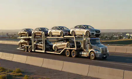 Car transporter with the Gillette, Wyoming, United States skyline behind it