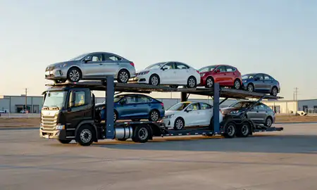 Car transporter loaded with vehicles in Glenrock, Wyoming, United States