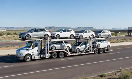 Multi-level car carrier on the highway to Green River, Wyoming, United States
