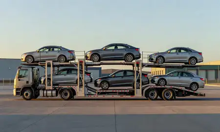 Car transporter parked in an industrial area of Green River, Wyoming, United States