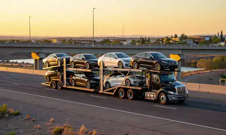 Car transporter with the Green River, Wyoming, United States skyline behind it