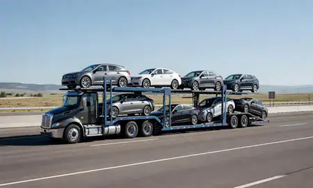Multi-level car carrier on the highway to Jackson, Wyoming, United States