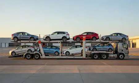 Car transporter parked in an industrial area of Jackson, Wyoming, United States