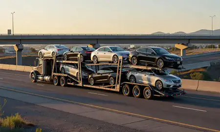 Car transporter with the Jackson, Wyoming, United States skyline behind it