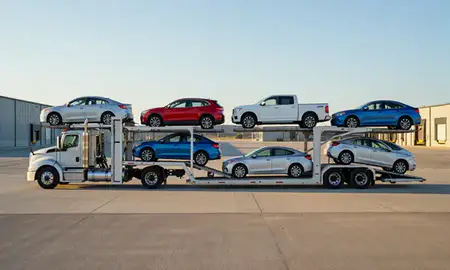Car transporter parked in an industrial area of Kemmerer, Wyoming, United States