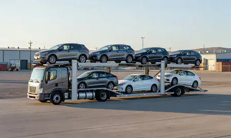 Car transporter loaded with vehicles in Kemmerer, Wyoming, United States