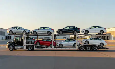 Car transporter parked in an industrial area of Lander, Wyoming, United States