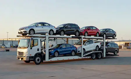 Car transporter loaded with vehicles in Lander, Wyoming, United States
