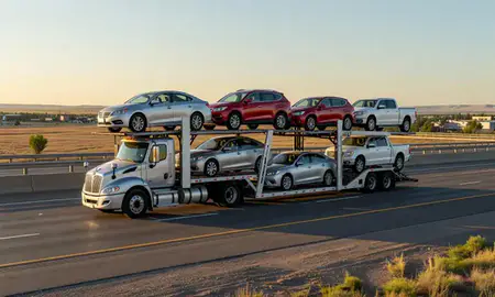 Car transporter with the Lander, Wyoming, United States skyline behind it