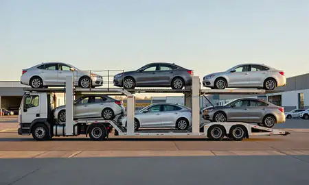 Car transporter parked in an industrial area of Laramie, Wyoming, United States